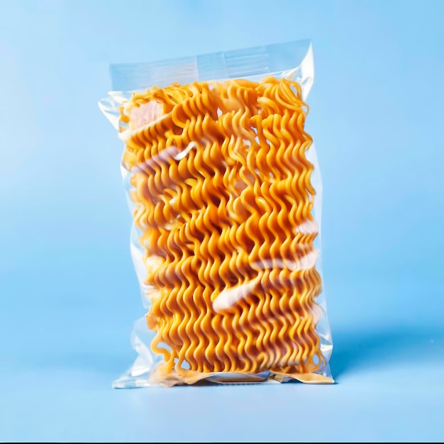 Foto envase abierto con fideos instantáneos sin cocinar sobre un fondo azul de pasta cruda