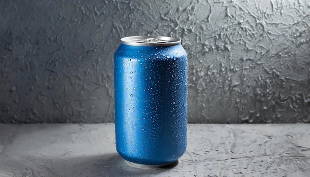 Envase de aluminio azul con gotas de condensación de cerveza o refrescos Bebida refrescante