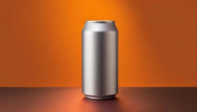 Envase de aluminio plateado sobre fondo naranja para bebidas de cerveza o refrescos Bebida refrescante