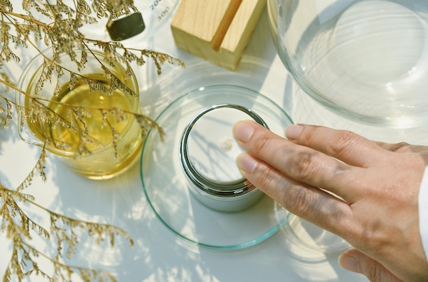 Envase de botella de bomba cosmética sobre la luz del sol y las hojas fondo de sombra de la planta Crema facial para el cuidado de la piel Producto de belleza con tono y estado de ánimo cálido