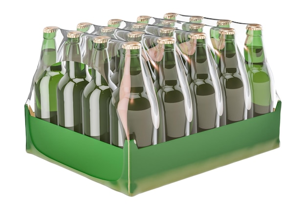 Envase de botellas de bebidas de vidrio en representación 3D de película de encogimiento