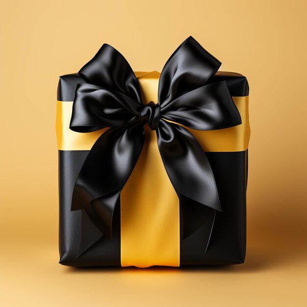 Foto envase de regalo caja negra y amarilla con un lazo en un fondo plano concepto presentación de atmósfera festiva
