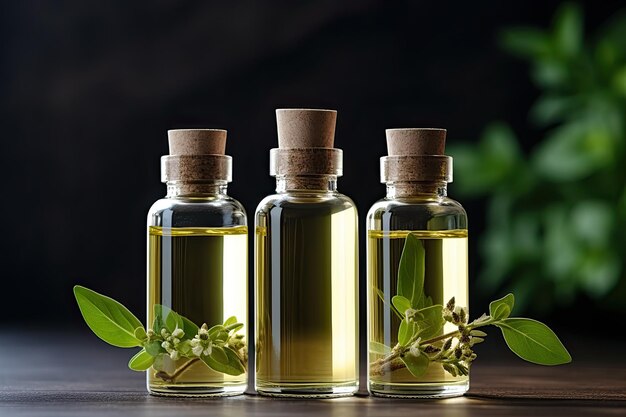 Envases de botellas cosméticas con aceite de hojas de hierbas verdes y extracto de ingredientes para la belleza natural