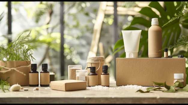 Envases ecológicos y plantas en maceta expuestas en una superficie de madera para una vida sostenible