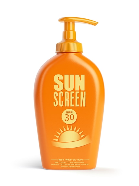 Envases de loción y aceite de crema de protección solar Protección solar y cosméticos bronceadores aislados sobre fondo blanco