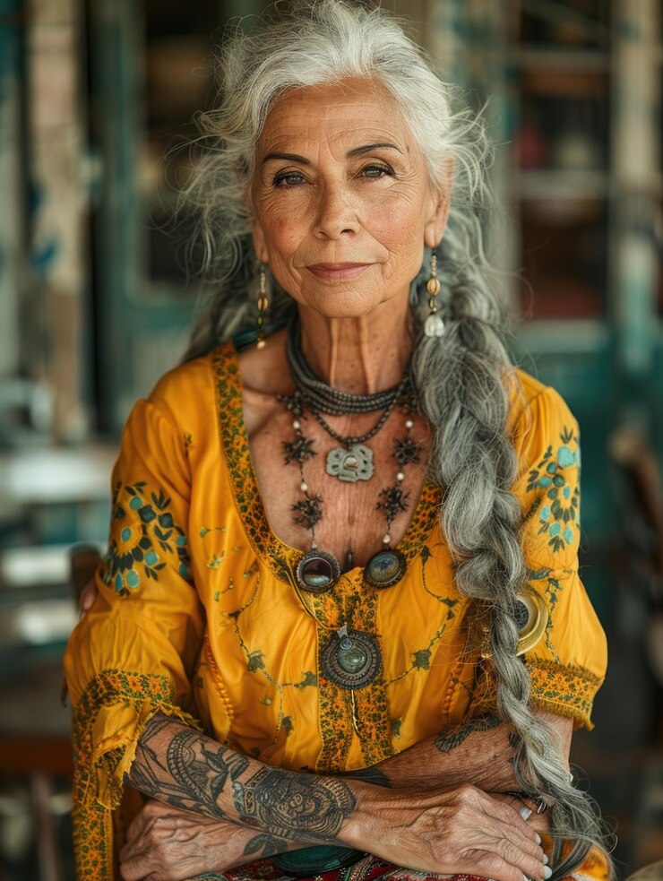 Foto envelhecendo com tinta mulher idosa orgulhosamente posa com tatuagem mostrando estilo atemporal e individualidade desafiando estereótipos e abraçando expressão pessoal através da arte corporal