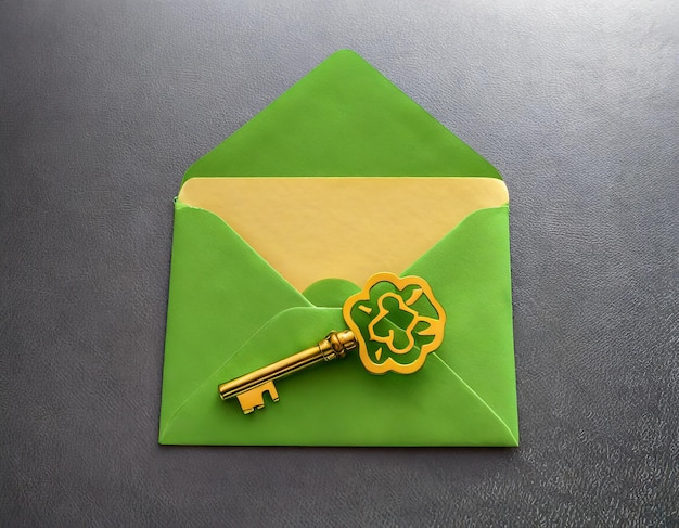 Envelope 3D com chave amarela e feltro verde_ conceito de negócio