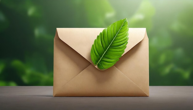 Envelope 3D com folha verde isolada_ conceito de embalagem ecológica