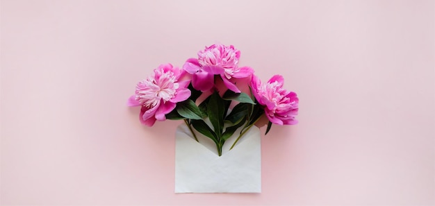 Envelope branco com peônias rosa dentro em um modelo de fundo rosa para boletins informativos e outras correspondências