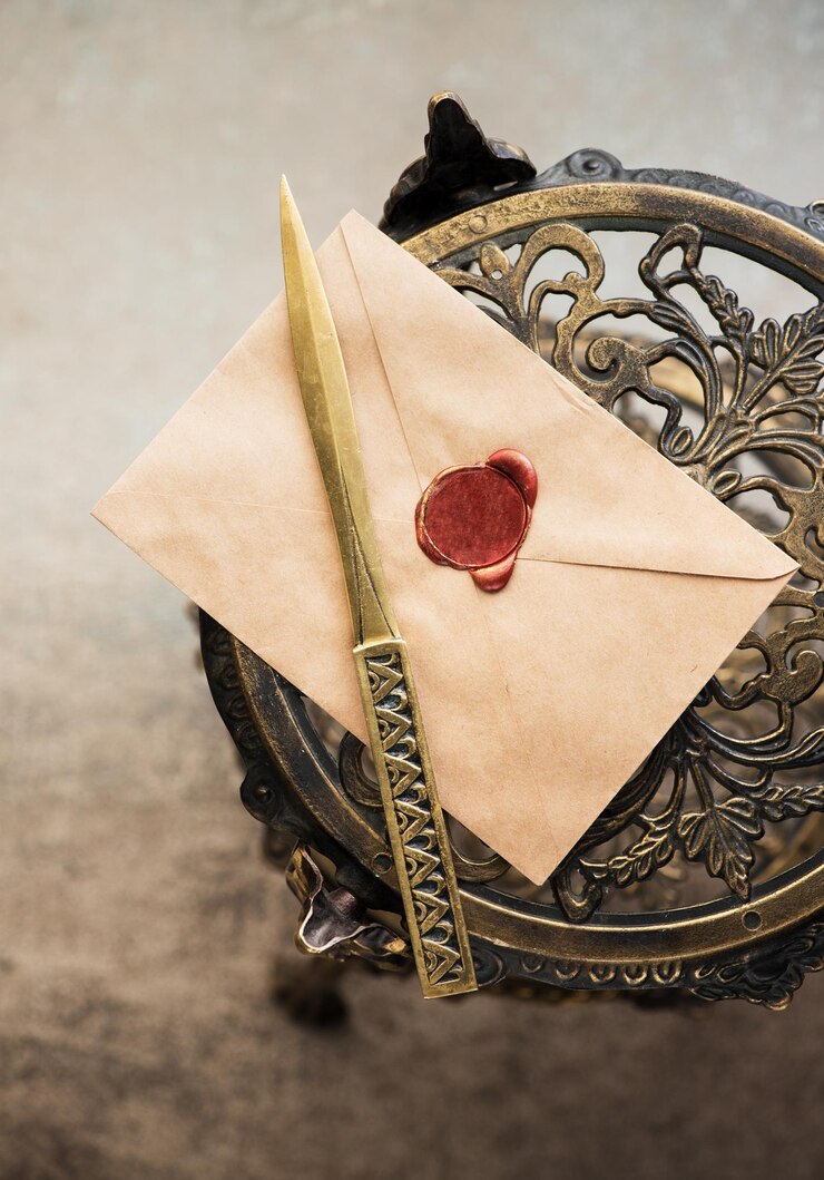 Foto envelope com carimbo de cera e letras de abertura. acessórios retrô escritos