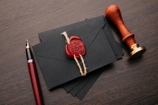 Envelope com selo de cera do notário e carimbo em uma mesa de madeira