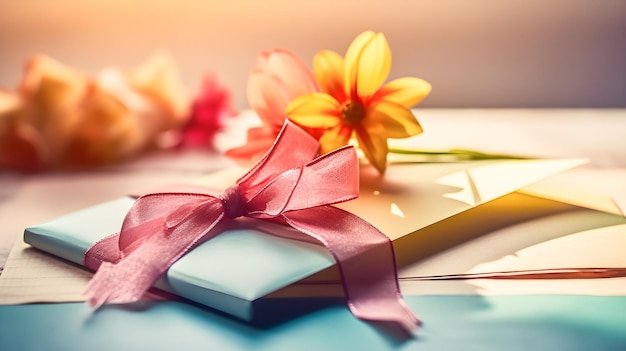 Envelope com uma linda fita rosa em uma mesa com flores Presente para o dia das mães ou aniversário Genertive ai