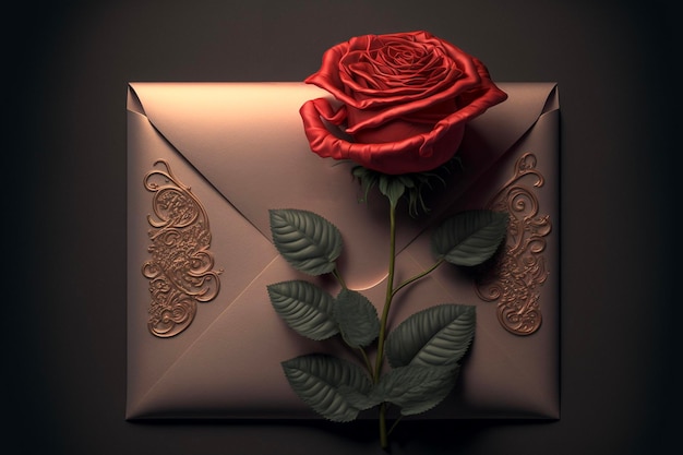 Envelope de carta em branco ao lado de rosa vermelha