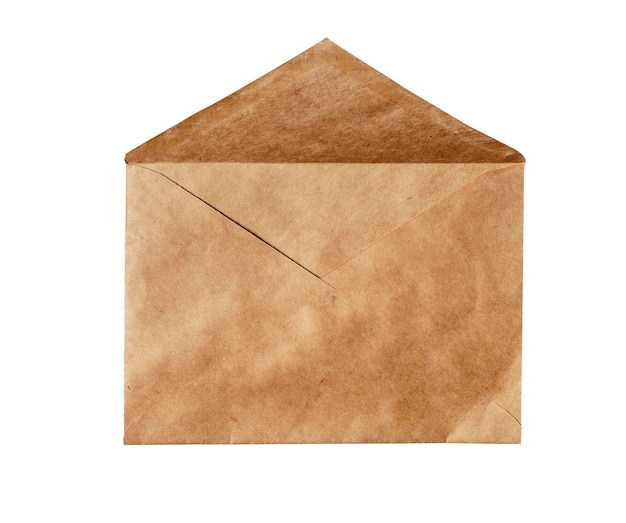 Envelope de papel ofício marrom isolado no fundo branco. Envelope aberto em branco. Foto de alta qualidade
