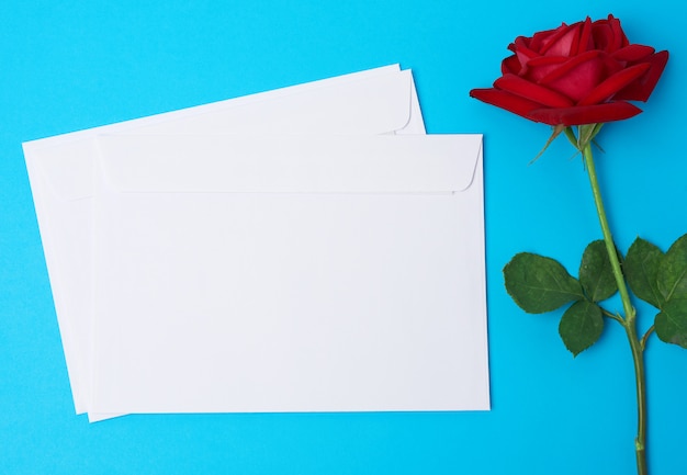 Envelope de papel rosa e branco de florescência vermelho sobre um fundo azul, vista superior