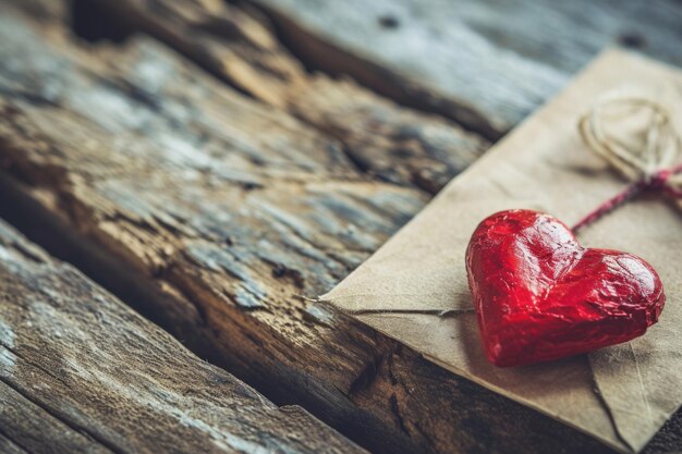 Foto envelope e coração vermelho em mesa de madeira vintage para mensagem de amor no dia dos namorados