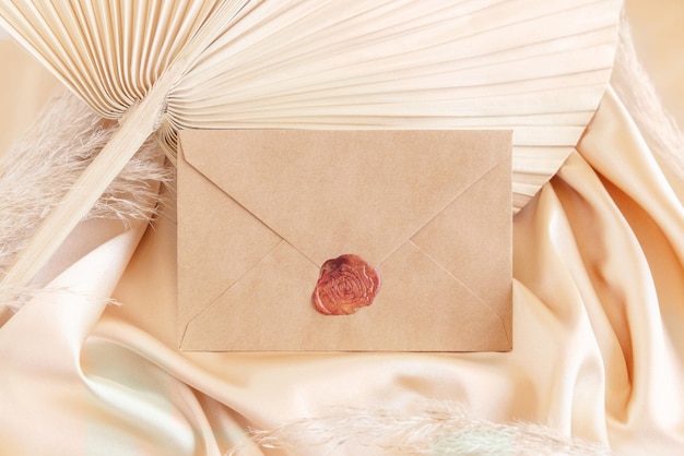 Envelope em branco em tecido de cetim bege e folha de palmeira seca close-up saudação ou maquete de casamento