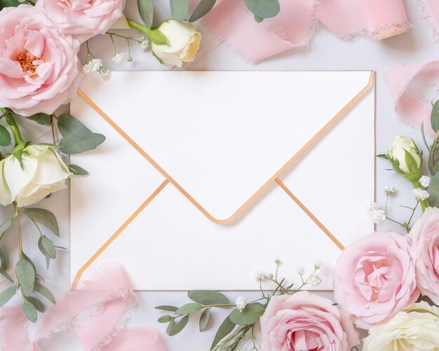 Envelope em branco entre rosas cor de rosa e fitas de seda cor de rosa vista superior maquete de casamento