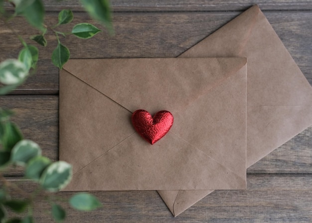 Envelope Kraft decorado com um coração vermelho se preparando para o dia dos namorados