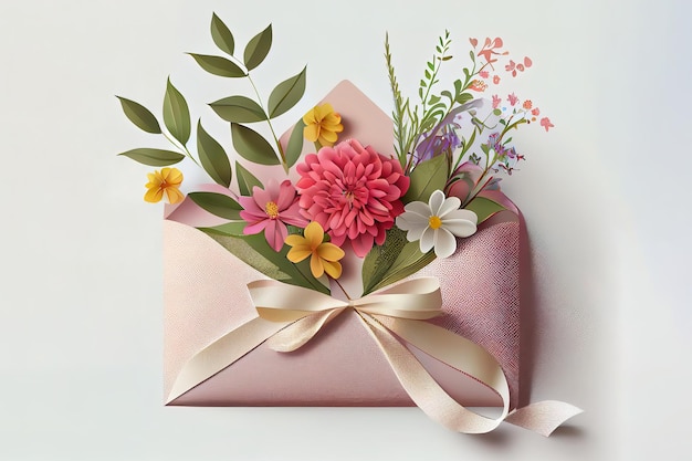 Envelope maravilhoso com flores e 8 feitos de fita em fundo branco Generative Ai