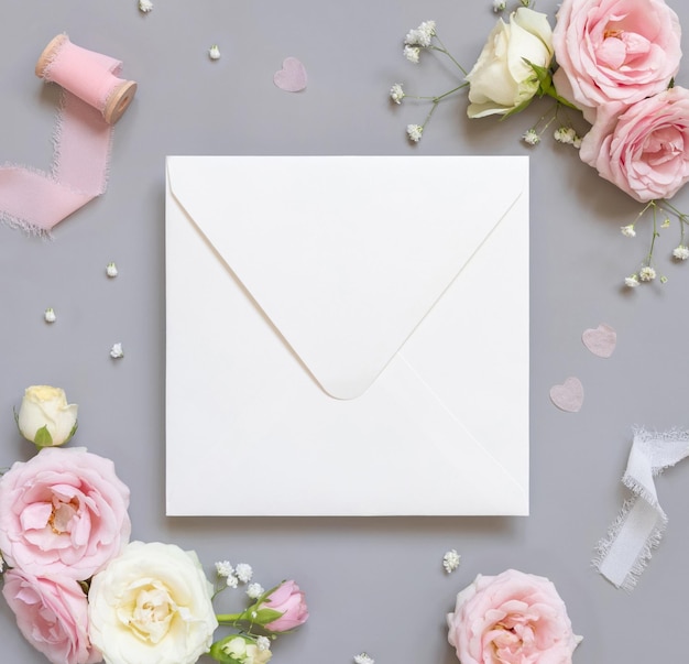 Envelope quadrado em branco entre rosas cor de rosa e fitas de seda cor de rosa na maquete de casamento de vista superior cinza