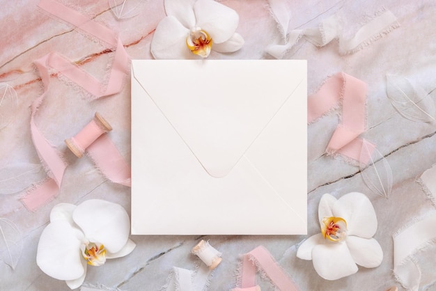 Envelope quadrado em branco perto de flores de orquídeas brancas e fitas de seda na maquete de mármore