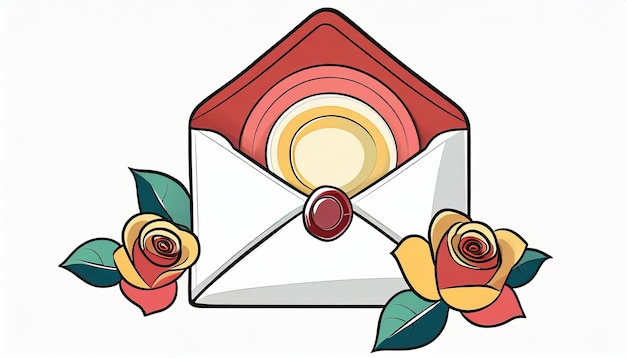 envelope vermelho com selo de cera e um buquê de rosas