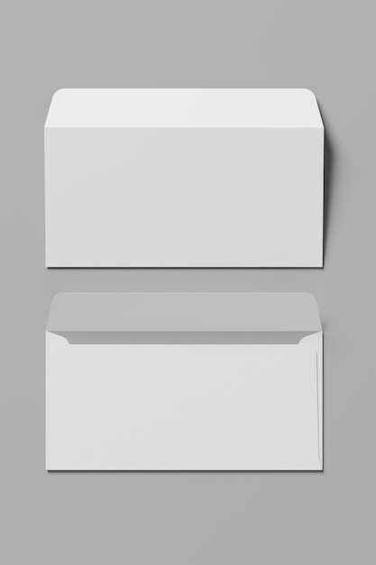 Envelopes postais em branco brancos na ilustração de renderização 3D de fundo cinza