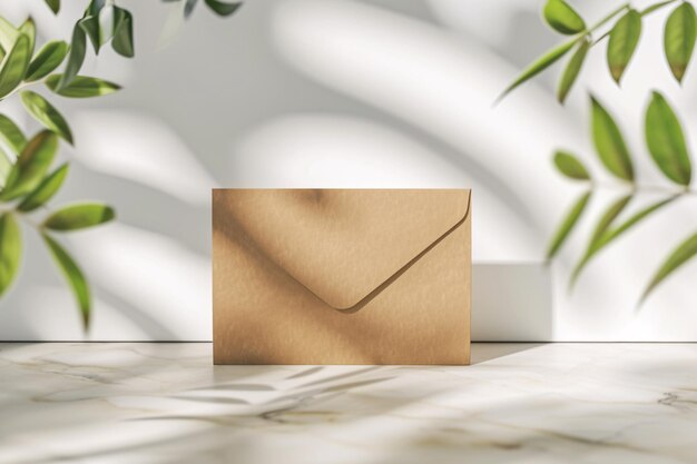 Envelopes postais modernos com poucas plantas ou folhas em fundo limpo e brilhante