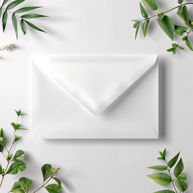 Envelopes postais modernos com poucas plantas ou folhas em fundo limpo e brilhante