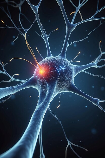 Foto enviando sinais químicos e elétricos em uma sinapse e neurônio sistema nervoso humano em close-up renderização 3d