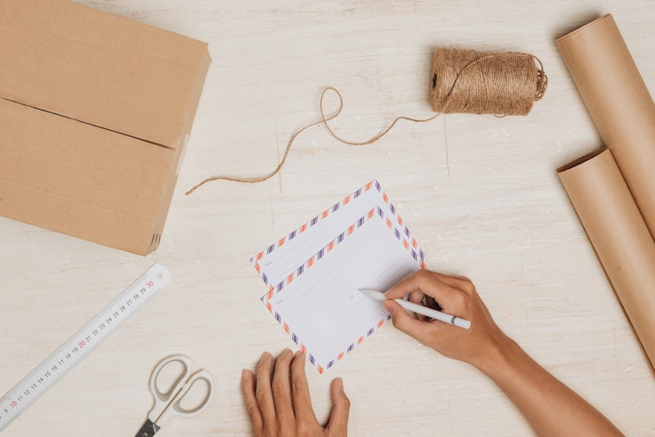 Foto envío de una carta. sobres de correo aéreo sobre la mesa de madera