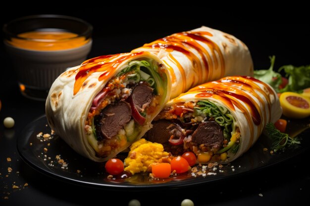 Un envoltorio con carne y condimentos un plato negro cubierto con un burrito cubierto de carne y verduras