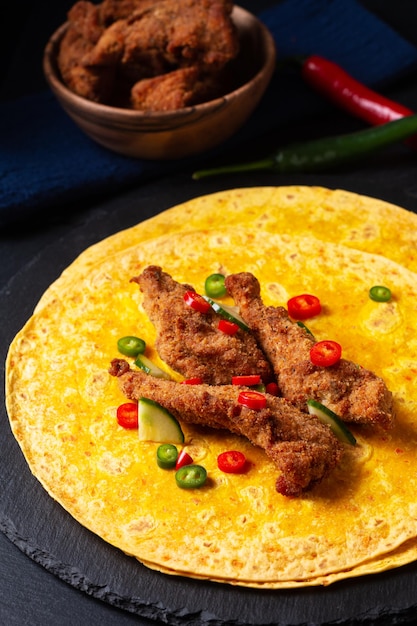 Envoltório de tortilla de frango frito picante de conceito alimentar com pimentões picados em fundo de pedra ardósia preta com espaço de cópia