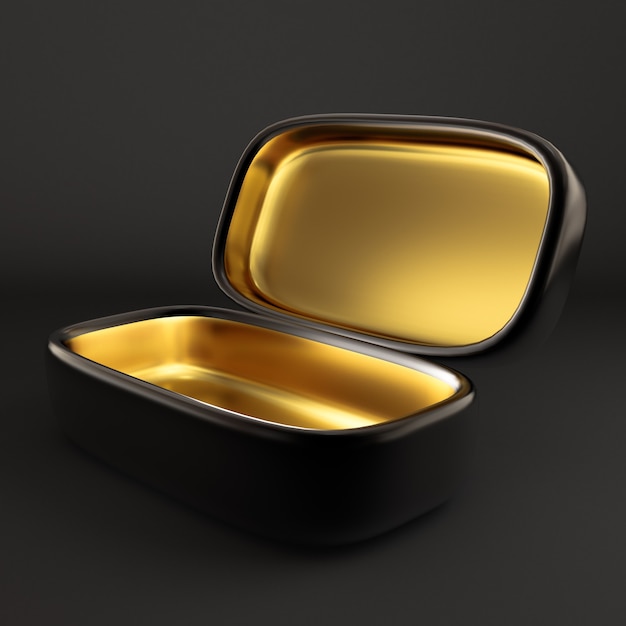 Envoltorio de regalo de vacaciones de lujo. La caja es dorada por dentro y oscura por fuera. Ilustración 3d, renderizado 3d.