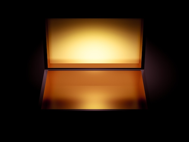 Envoltorio de regalo de vacaciones de lujo. La caja es dorada por dentro y oscura por fuera. Ilustración 3d, renderizado 3d.