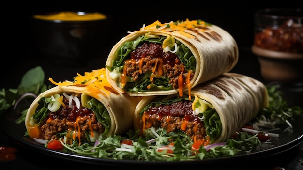 Envoltórios de burritos com carne e legumes em fundo preto Burrito de carne