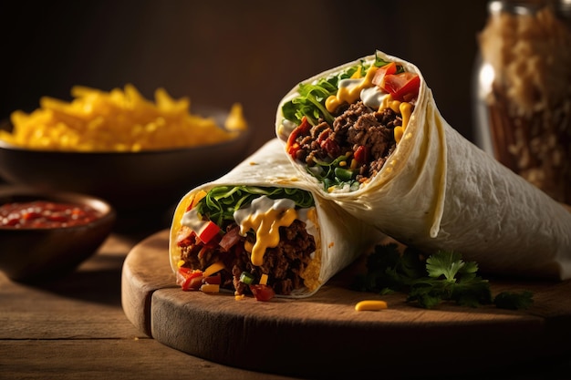 Envoltórios de burritos com carne e legumes Ilustração Generative AI