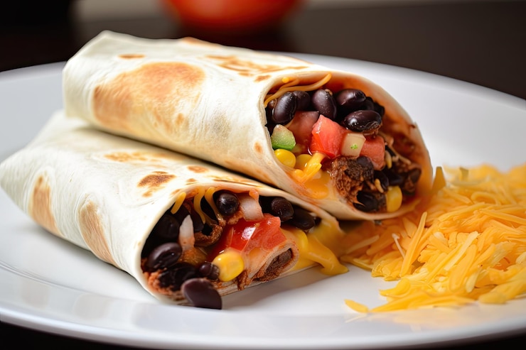 Foto envoltura de burrito con queso, queso rallado, frijoles negros y salsa