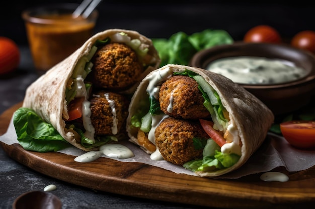 Envoltura de falafel satisfactoria con salsa tahini AI generativa