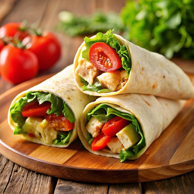 Foto envoltura jugosa en tabla de madera envoltura de tortilla recién hecha con tomates jugosos plato de shawarma