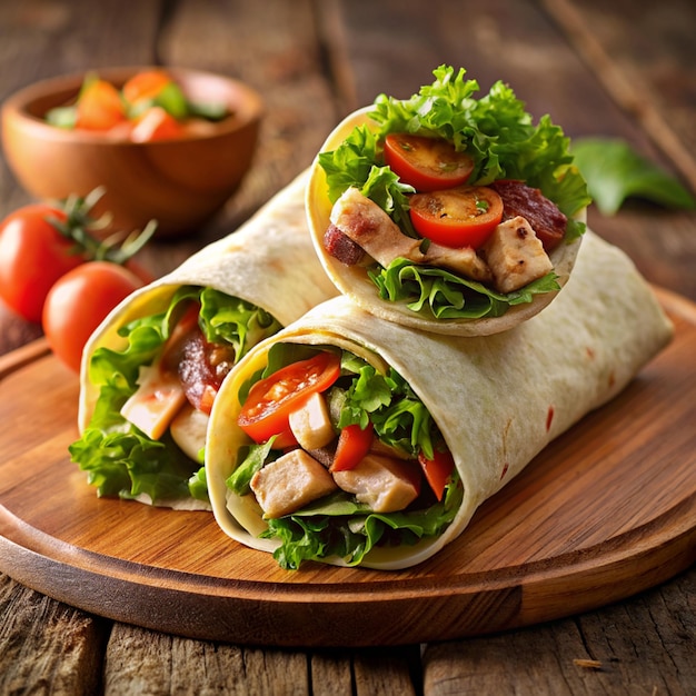 Foto envoltura jugosa en tabla de madera envoltura de tortilla recién hecha con tomates jugosos plato de shawarma