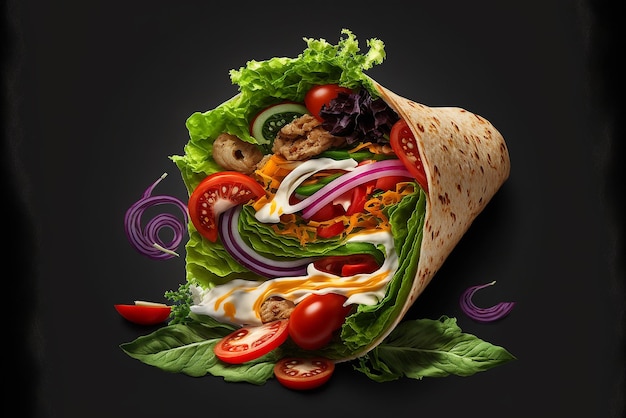 Envoltura de kebab producto foto de estudio fondo negro oscuro ensalada fresca tomate cebolla ilustración ai generativo