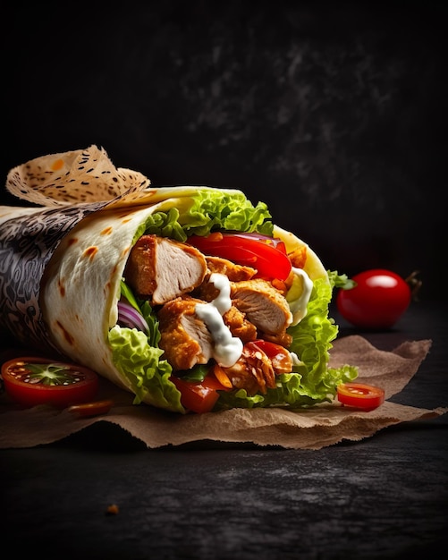 Envoltura de pollo fresco con tomates lechuga cebollas aislado sobre fondo negro cocina oriental