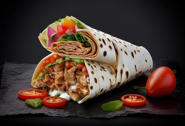 Una envoltura de shawarma con carne y verduras sobre un fondo negro