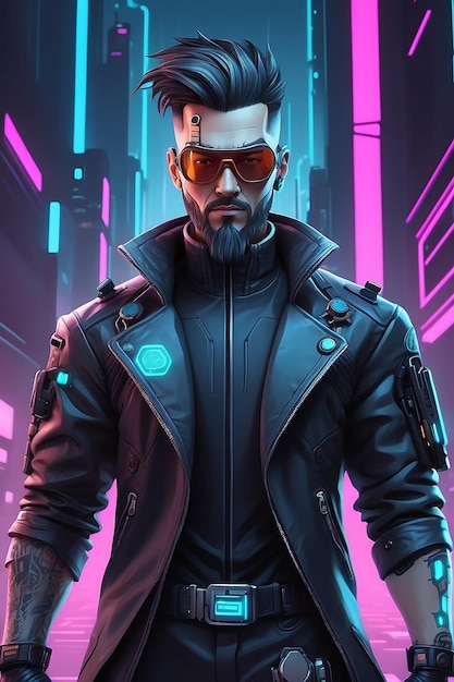 Envolvendo Cyberpunk Character Vector Art para Marketing e Branding Conceito de Visão Frontal