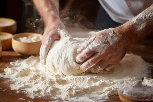 Envolvendo-se na arte de fazer pão, como a massa para o pão grego de Páscoa é habilmente amassada em meio a uma exibição de itens essenciais de panificação