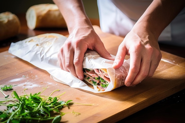 Foto envolver a mano un sándwich de baguette en papel