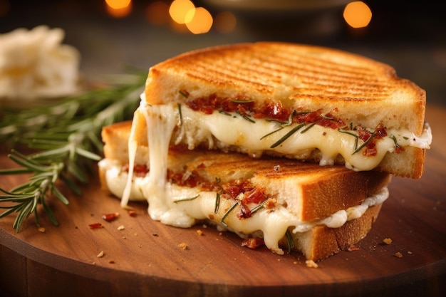 Foto envolvido dentro de fatias de pão ciabatta crocante esta foto de comida mostra um queijo grelhado gourmet