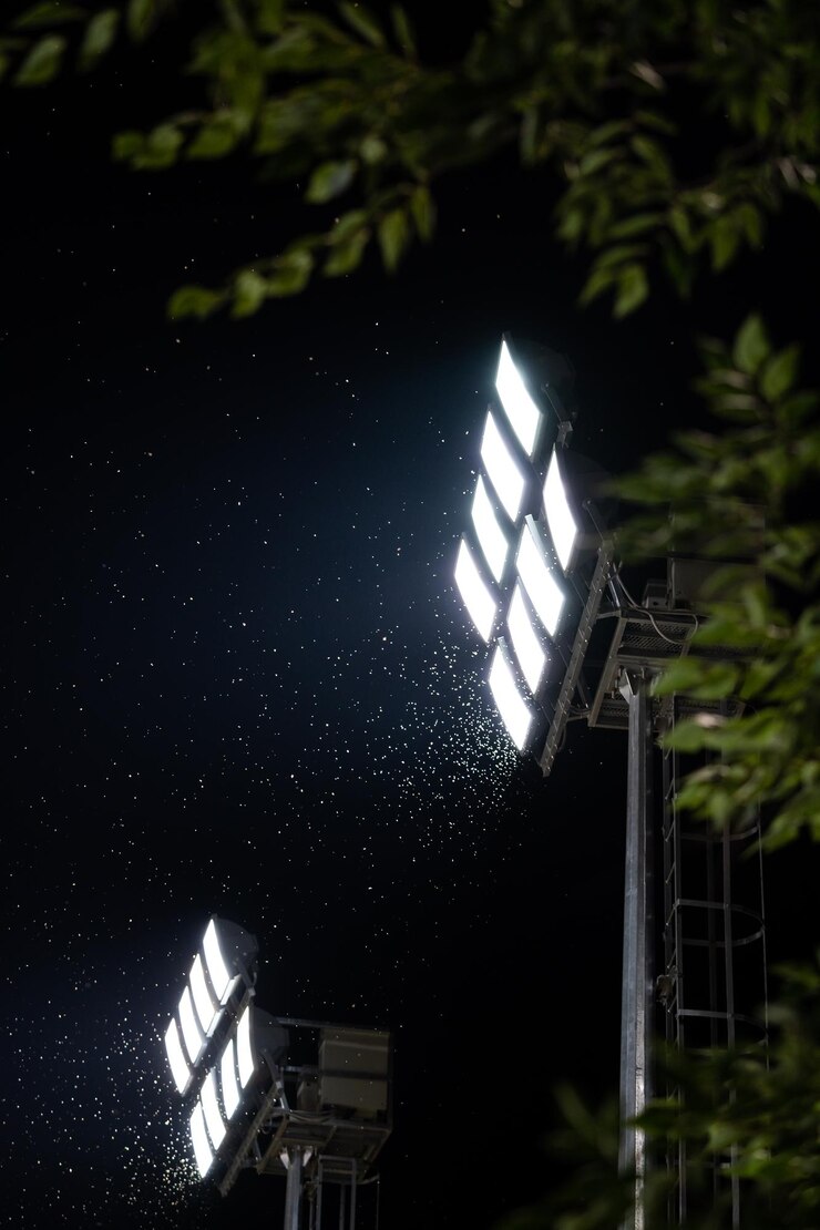 Foto enxame de insetos e mosquitos ao redor da lâmpada de um holofote elétrico à noite ao ar livre